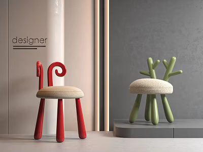 Red And Green Kids Chair With Curved Legs Antler Design And Beige Cushion 3d model