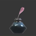Decorative Inkwell With Pink Feather Blue Black Design Metallic Rim And Dark Background