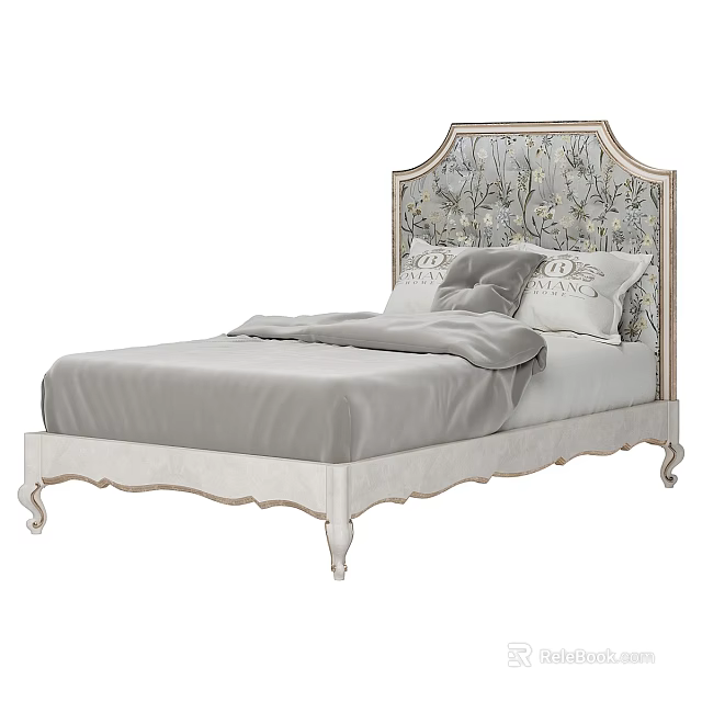 Elegant Light Colored Double Bed with Upholstered Floral Pattern Headboard Carved Frame and Gray Bedding 3d model