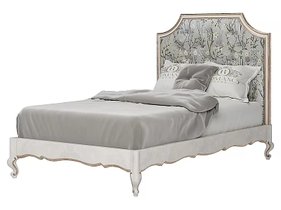 Elegant Light Colored Double Bed with Upholstered Floral Pattern Headboard Carved Frame and Gray Bedding 3d model