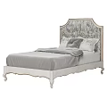 Elegant Light Colored Double Bed with Upholstered Floral Pattern Headboard Carved Frame and Gray Bedding 3d model