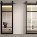 Modern Barn Doors With Black Frames Glass Panels Transparent And Ribbed Glass Indoor Scene