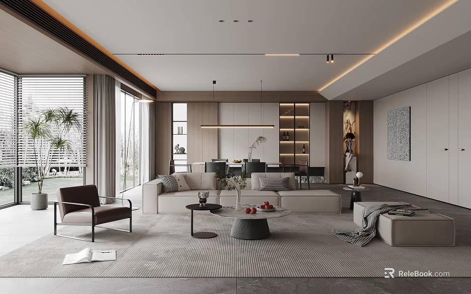 Modern Living and Dining Room Interior With Sofa Dining Table And Floor to Ceiling Windows 3d model 