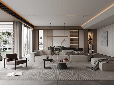 Modern Living and Dining Room Interior With Sofa Dining Table And Floor to Ceiling Windows 3d model