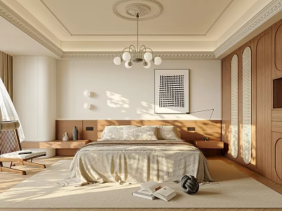Modern Elegant Bedroom Interior With Bed Chandelier Wooden Furniture Rug Wall Art And Chair 3d model