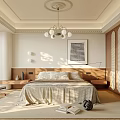 Modern Elegant Bedroom Interior With Bed Chandelier Wooden Furniture Rug Wall Art And Chair