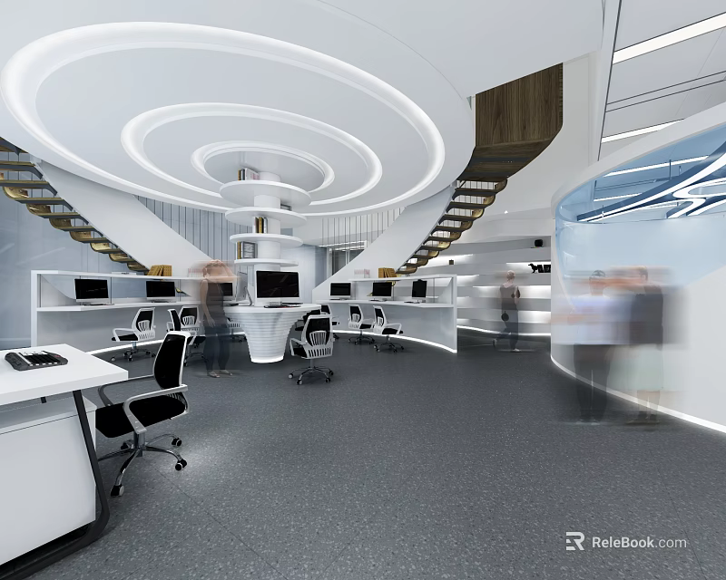 Modern Public Office Space With Circular Ceiling Design Open Layout Desks Computers And Chairs 3d model