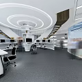 Modern Public Office Space With Circular Ceiling Design Open Layout Desks Computers And Chairs 3d model
