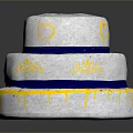 Three Tier White Cake with Blue Ribbons Yellow Heart Patterns and Drizzle Design