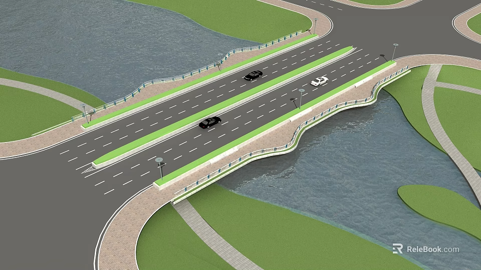 Modern Road Bridge with Cars Street Lamps Over Water and Green Surroundings 3d model 