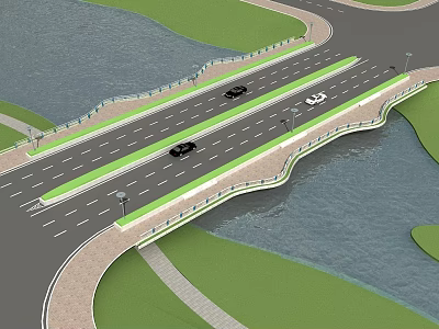 Modern Road Bridge with Cars Street Lamps Over Water and Green Surroundings 3d model