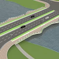 Modern Road Bridge with Cars Street Lamps Over Water and Green Surroundings