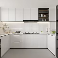 Modern Kitchen Interior With White Cabinets White Tile Backsplash And Black Refrigerator