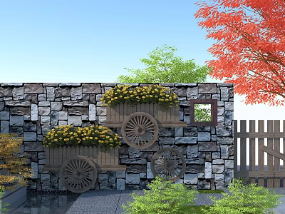 Garden Ornaments on Stone Wall with Wooden Cart Planters Yellow Flowers Wheel Decorations Green Plants 3d model