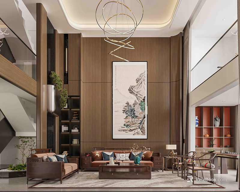 Modern Chinese Living Dining Room Interior With Wooden Walls And Landscape Painting 3d model 