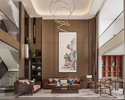 Modern Chinese Living Dining Room Interior With Wooden Walls And Landscape Painting 3d model