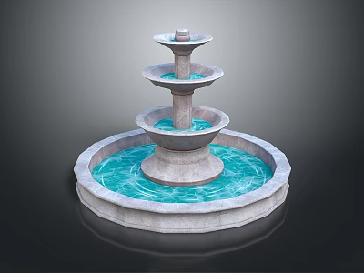 Decorative Three Tier Stone Fountain With Circular Water Basin And Blue Water 3d model