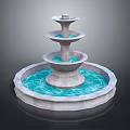 Decorative Three Tier Stone Fountain With Circular Water Basin And Blue Water
