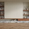 Modern Wooden Bookshelf With Built in Shelves Books And Marble Base Decorative Items