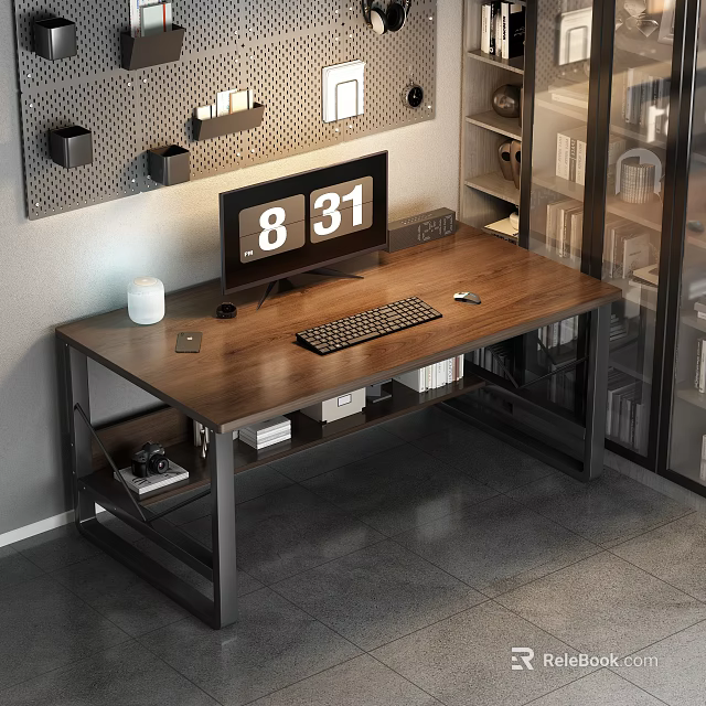 Wooden Office Desk With Metal Frame Monitor Keyboard Mouse And Books On Shelves 3d model 