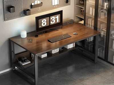 Wooden Office Desk With Metal Frame Monitor Keyboard Mouse And Books On Shelves 3d model