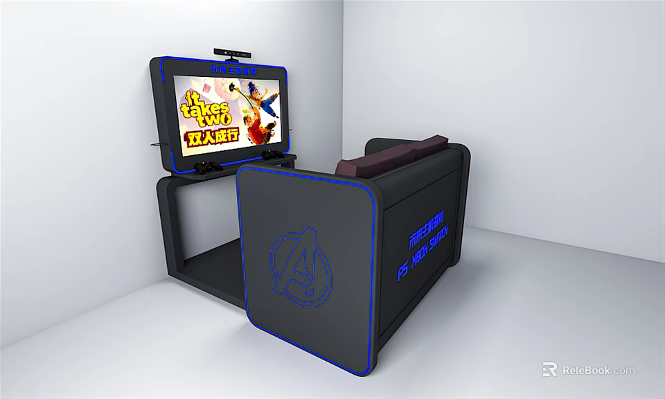 Gaming Entertainment Chair Setup With Looney Tunes Display Screen And Modern Black Blue Design 3d model 