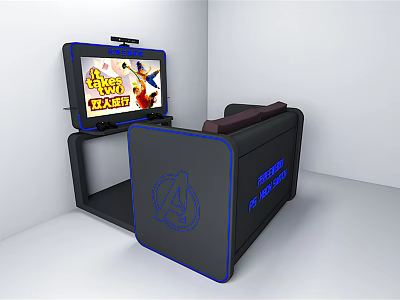 Gaming Entertainment Chair Setup With Looney Tunes Display Screen And Modern Black Blue Design 3d model