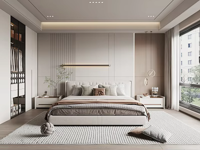 Modern Neutral Tones Bedroom Interior With Striped Rug Bedside Strip Light Pillows And Green Plant 3d model