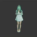 Woman with long hair standing in gray background wearing white dress and high heels