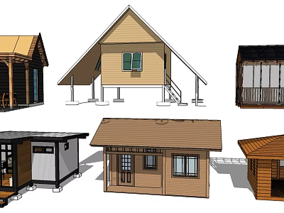 Various Wooden House Designs With Different Roofs Windows Porches And Steps 3d model