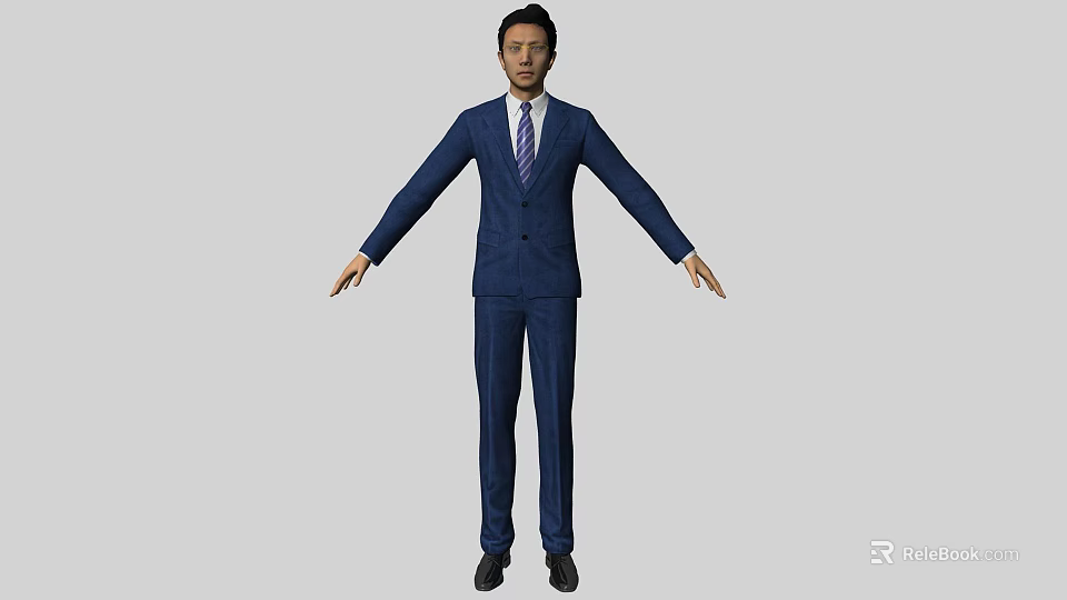A Man Wearing Blue Suit Standing With Arms Outstretched Against Gray Background 3d model 