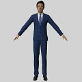 A Man Wearing Blue Suit Standing With Arms Outstretched Against Gray Background
