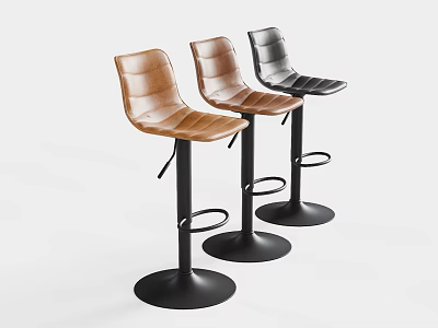 Modern Leather Bar Stools with Brown Black Seats Metal Legs Round Base and Footrest 3d model