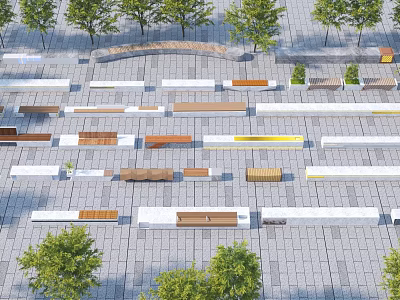 Landscape Seats Arranged in Rows with Trees and Paved Ground in Urban Public Area 3d model