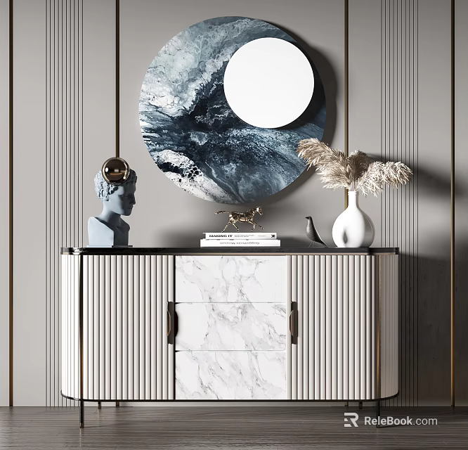 Elegant Modern Entryway Console Cabinet With Wooden Ribbed Body Marble Top And Round Artistic Mirror 3d model 