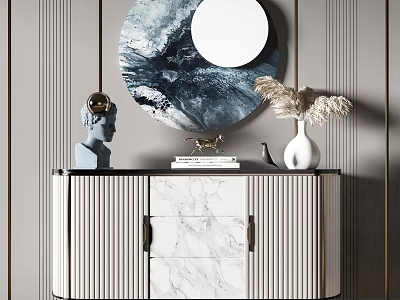 Elegant Modern Entryway Console Cabinet With Wooden Ribbed Body Marble Top And Round Artistic Mirror 3d model