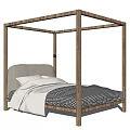 Modern Wooden Four Poster Double Bed With Gray Upholstered Headboard And Checkered Quilt