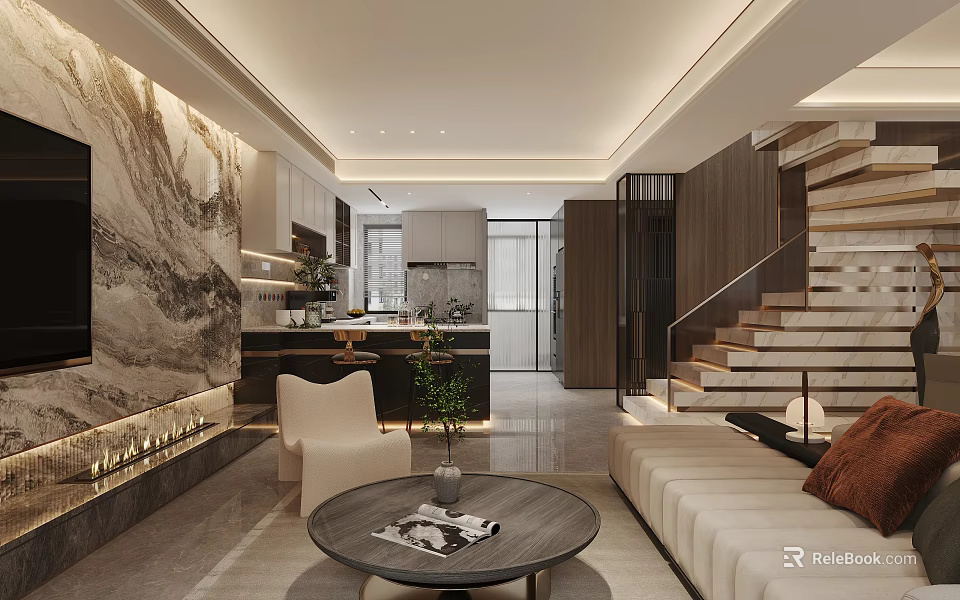 Modern Luxury Open Living Dining Room With Landscape Backdrop Sofa Coffee Table And Staircase 3d model 
