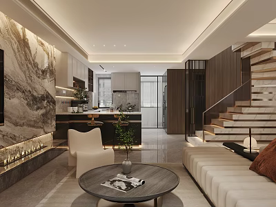 Modern Luxury Open Living Dining Room With Landscape Backdrop Sofa Coffee Table And Staircase 3d model