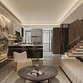 Modern Luxury Open Living Dining Room With Landscape Backdrop Sofa Coffee Table And Staircase