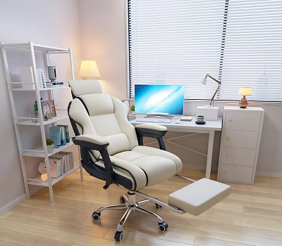White Home Office Desk and Chair Set With Computer Table Lamp and Wooden Floor 3d model