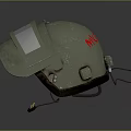 Military Green Helmet With Transparent Visor And Worn Details On Dark Background