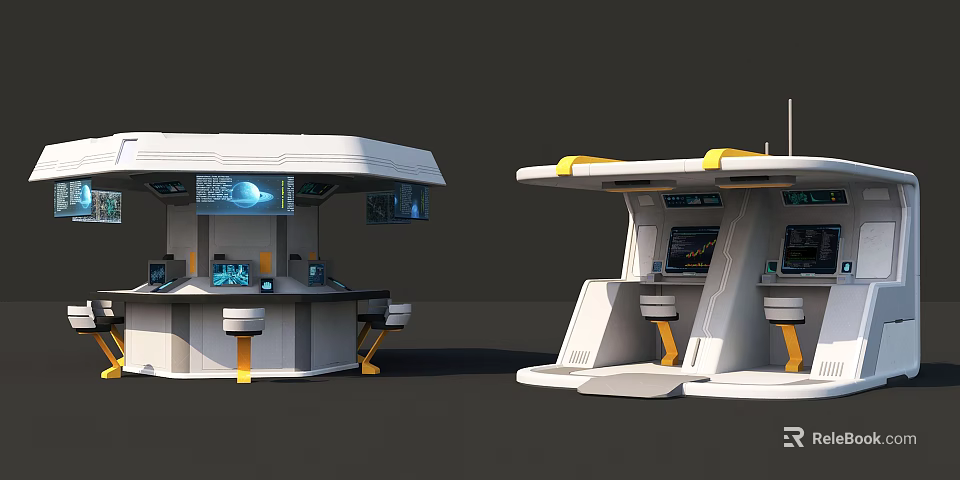 Futuristic Control Stations With White Yellow Accents And Digital Display Screens 3d model 