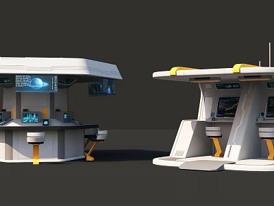 Futuristic Control Stations With White Yellow Accents And Digital Display Screens 3d model