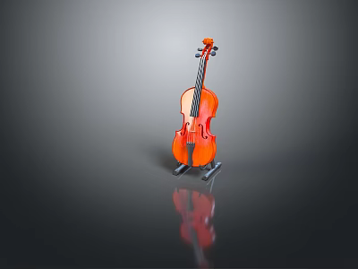 Orange Violin Placed On Black Stand With Grey Background And Reflection 3d model