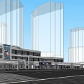 Modern Commercial Street With Glass Facades Lighting Shops And High Rise Buildings