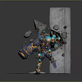 Game Movie Mechanical Character With Blue Glowing Parts Destroying Stone Pillar And Debris