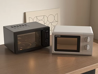 Modern Black And White Microwaves As Stylish Kitchen Appliances On Wooden Countertop 3d model