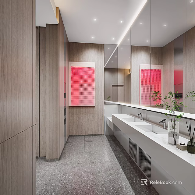 Modern Public Restroom With Wooden Walls Large Mirrors Red Decorative Painting And White Sinks 3d model 