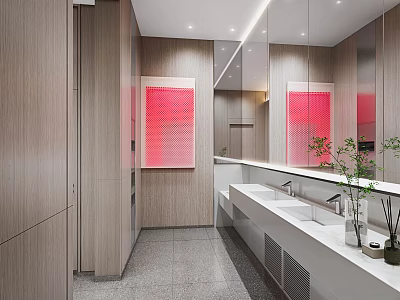 Modern Public Restroom With Wooden Walls Large Mirrors Red Decorative Painting And White Sinks 3d model